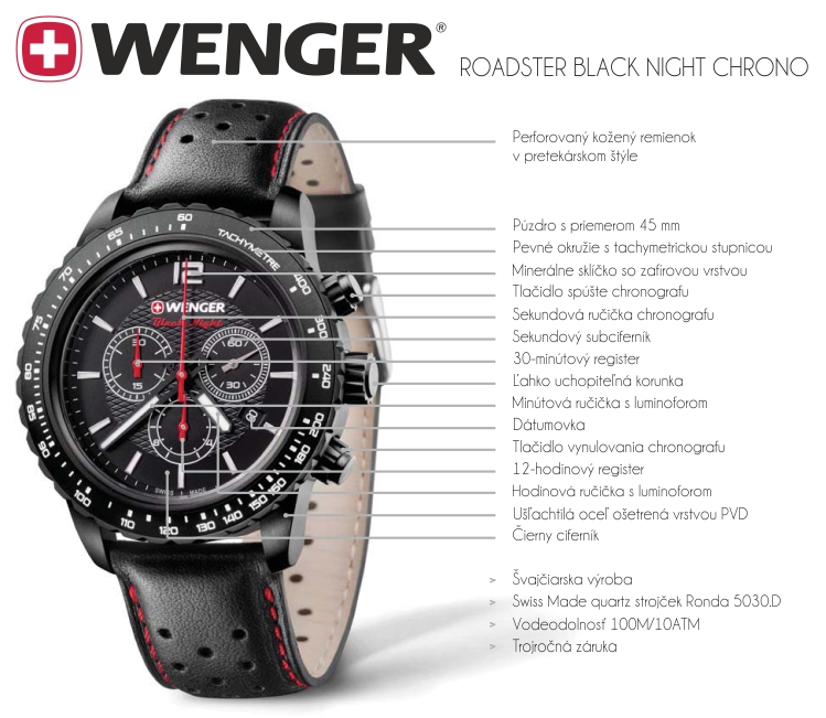 Kľúčové vlastnosti hodiniek Wenger Roadster Black Night Chrono