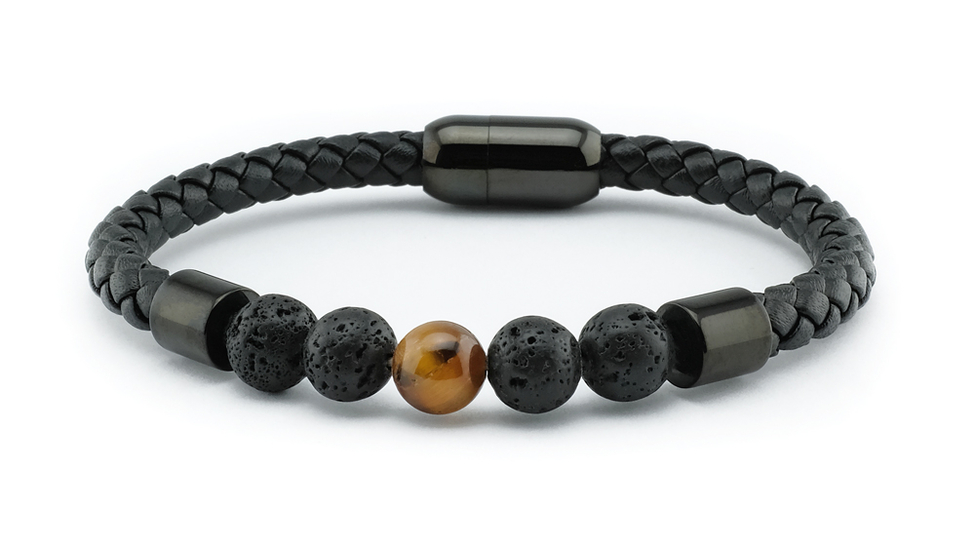 BLACK BROWN LEATHER BRACELET WITH LAVA STONES AND TIGER´S EYE BY MENVARD MV1048