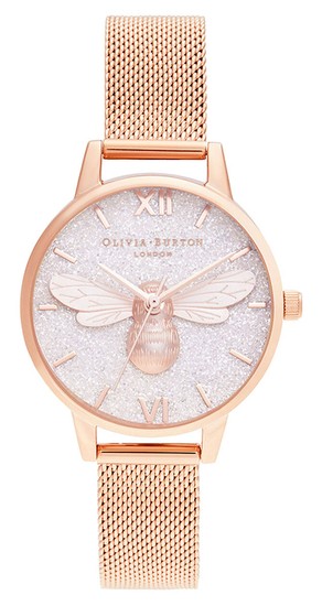 Olivia Burton Glitter Dial Lucky Bee & Rose Gold Mesh OB16FB04