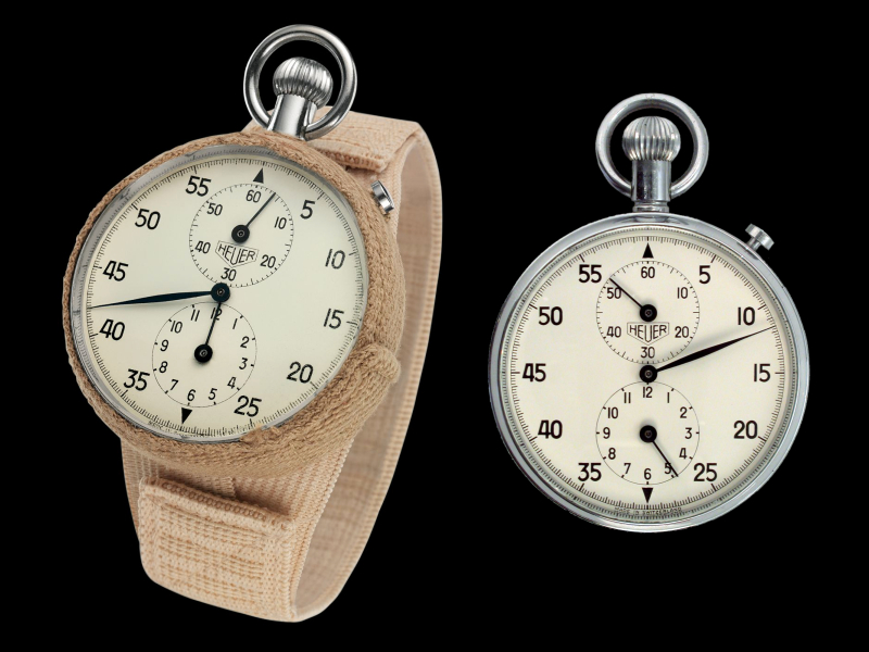 Vľavo upravené hodinky Johna Glenna, vpravo pôvodné stopky Heuer 2915A