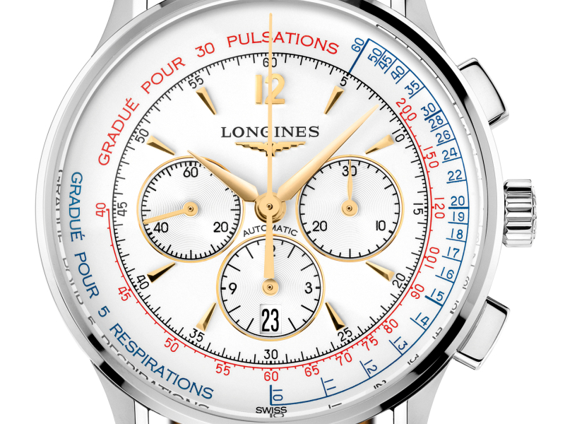 Detail ciferníka hodiniek Longines Athsmometer-Pulsometer Chronograph, ref. L2.787.4.16.0-2