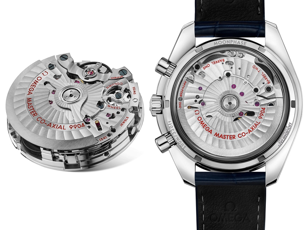 Omega Speedmaster moonphase Chronograph majster Chronometer, zadná strana hodiniek a kaliber Co-Axial 9904