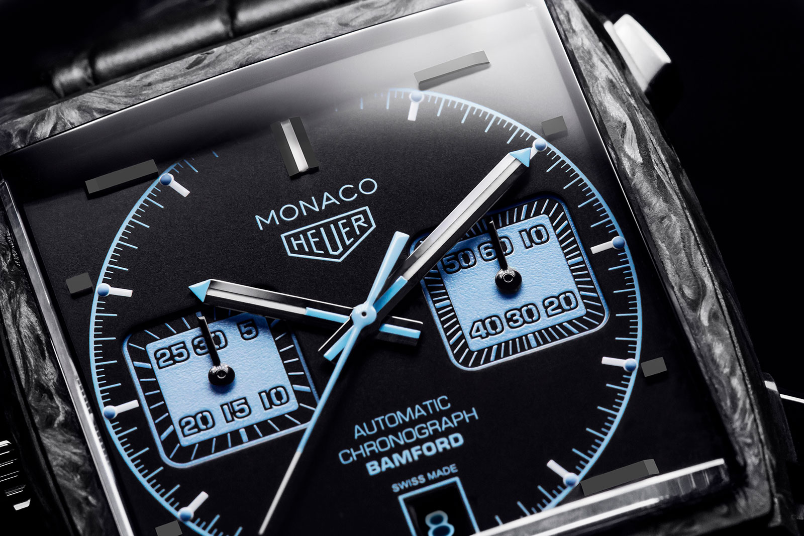 TAG Heuer Monaco Carbon Bamford, detail ciferníka